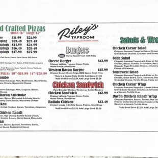 Menu featuring Pizzas, Burgers, Chicken Sandwiches, Salads and Wraps