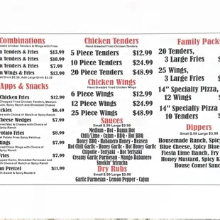 Menu featuring Appetizers, Chicken Tenders and Wings and the sauces and dippers