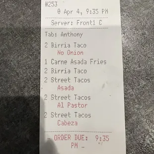Receipt, everything came to about $65 with a tip.