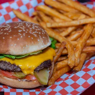 a cheeseburger and french fries