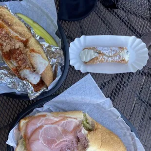 Prosciutto and provolone grinder. Meatball grinder. Cannoli.