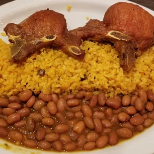 Platter #2 (fried pork chops) with rice and beans