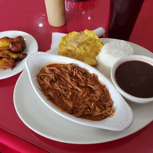 Ropa Vieja, Tostones, Maduros, Beans and rice.