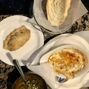 Provoleta, Chimichurri, Beef Empanada and fresh bread