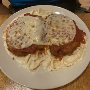 Chicken Parmesan with Alfredo on the pasta which we requested