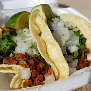 Soy meat taco ($3.25 each), vegan by default. Great tasting. Good texture.