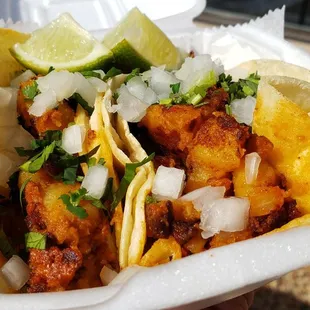 Veggie chorizo &amp; potatoes tacos ($3.25 each), vegan by default. Skip these. The potatoes make them bland.