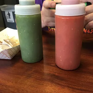 Red (hot) salsa and green (medium) salsa
