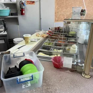 a counter with food in it