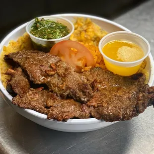 mofongo bowl with beef steak