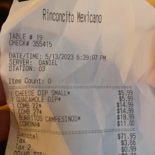 Receipt documenting prices