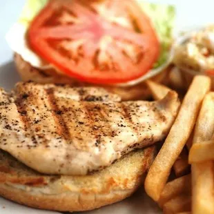a chicken sandwich and french fries