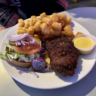 Roasted Chicken Sandwich with tots and a side of honey mustard