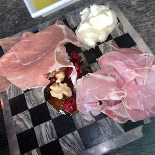 a plate of meats and cheeses