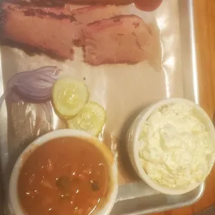 Brisket 1/4 lb. Plate with potato salad and beans. I added a sausage link
