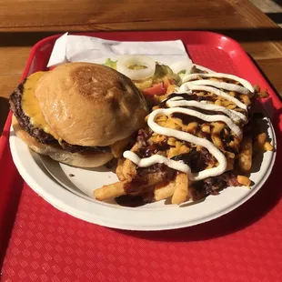 a burger and fries