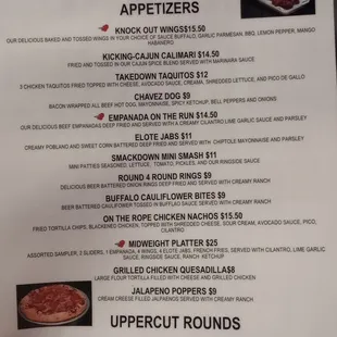 Menu. Appetizers, Uppercut Rounds (pizza).