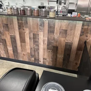 a kitchen with a wooden counter