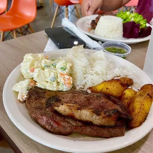 Top Sirloin - Picanha with sides of sweet plantains, rice &amp; potato salad