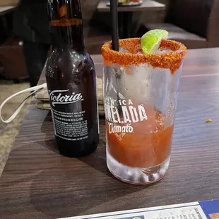 a beer and a bloody cocktail