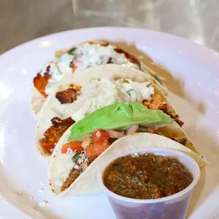 Tacos -chicken, shrimp, steak, fried avocado, pulled pork or Chicharron.