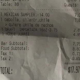a receipt for a mexican sampler