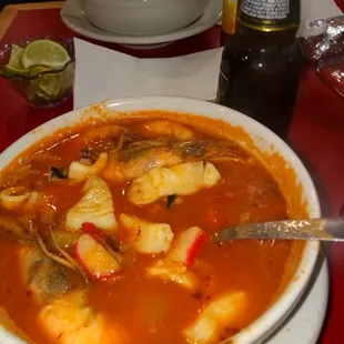 Caldo 7 mares. Has just about every edible sea creature you can imagine.