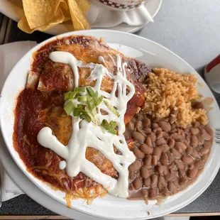 Beef enchiladas, rice and beans... DELICIOUS!!