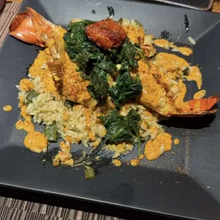 Lobster and shrimp diablo with the green chili orzo