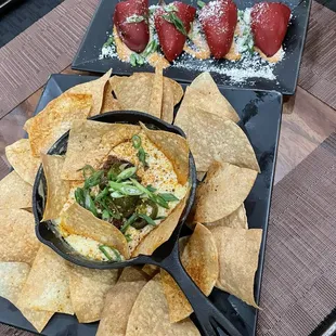 Stuffed Peppers &amp; chorizo queso with candied jalapeños. Flavor bomb !