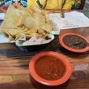 Complimentary chips, salsa, &amp; bean dip