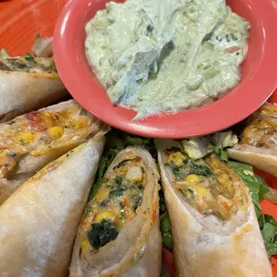 Egg rolls and yummy avocado lime dip