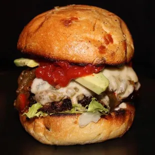 a close up of a burger