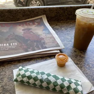 Breakfast taco, Iced Coffee with macadamia milk and hazelnut