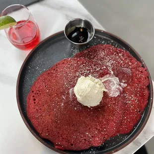Red Velvet Pancakes with a side of cranberry mimosas.
