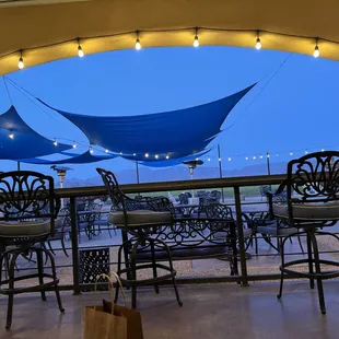 Outdoor seating looking out to mountains in background