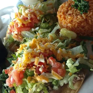 Quick lunch of a guac &amp; picadillo chalupa with bean soup all on a patio in late November.