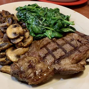 Ribeye with two sides. The 'shrooms and spinach were a good choice, as was asking for a plate rather than a hot cast iron pan.