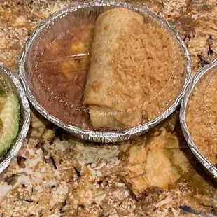 Left to right: Pollo con Verduras, Chicken Chimichanga, Burrito De Fajitas