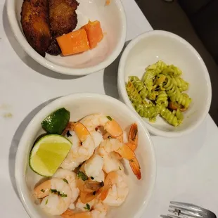 Shrimp.snd lime, pasta salad, plantains