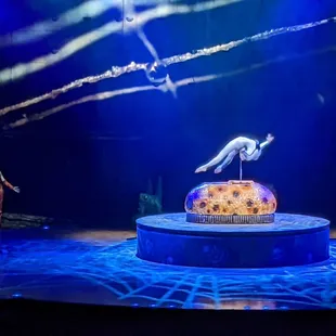 She is balancing with her mouth while contorting her body!