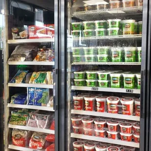 Plenty of Bueno brand chile in red &amp; green versions, frozen veggies, &amp; posole.