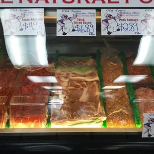 Bacon, pork sausage, and adovada of the chicken &amp; carne varieties.