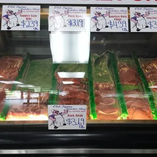 Pork chops of various cuts &amp; thicknesses, pork roast, and pork ribs.