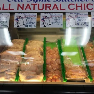 Whole fryer chickens, plus chicken parts.