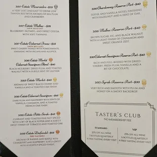 Wine tasting menu