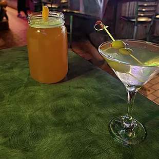 Blue Moon and a Grey Goose dirty martini