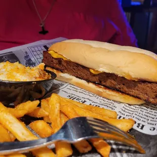Meatloaf sandwich with fries and Mac and Cheese.