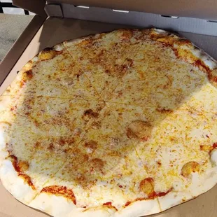 Whole cheese pizza. Pizza actually bigger than it looks in photo.