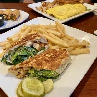 Chicken Caesar Wrap + Omelette w/ Hash Browns &amp; Toast